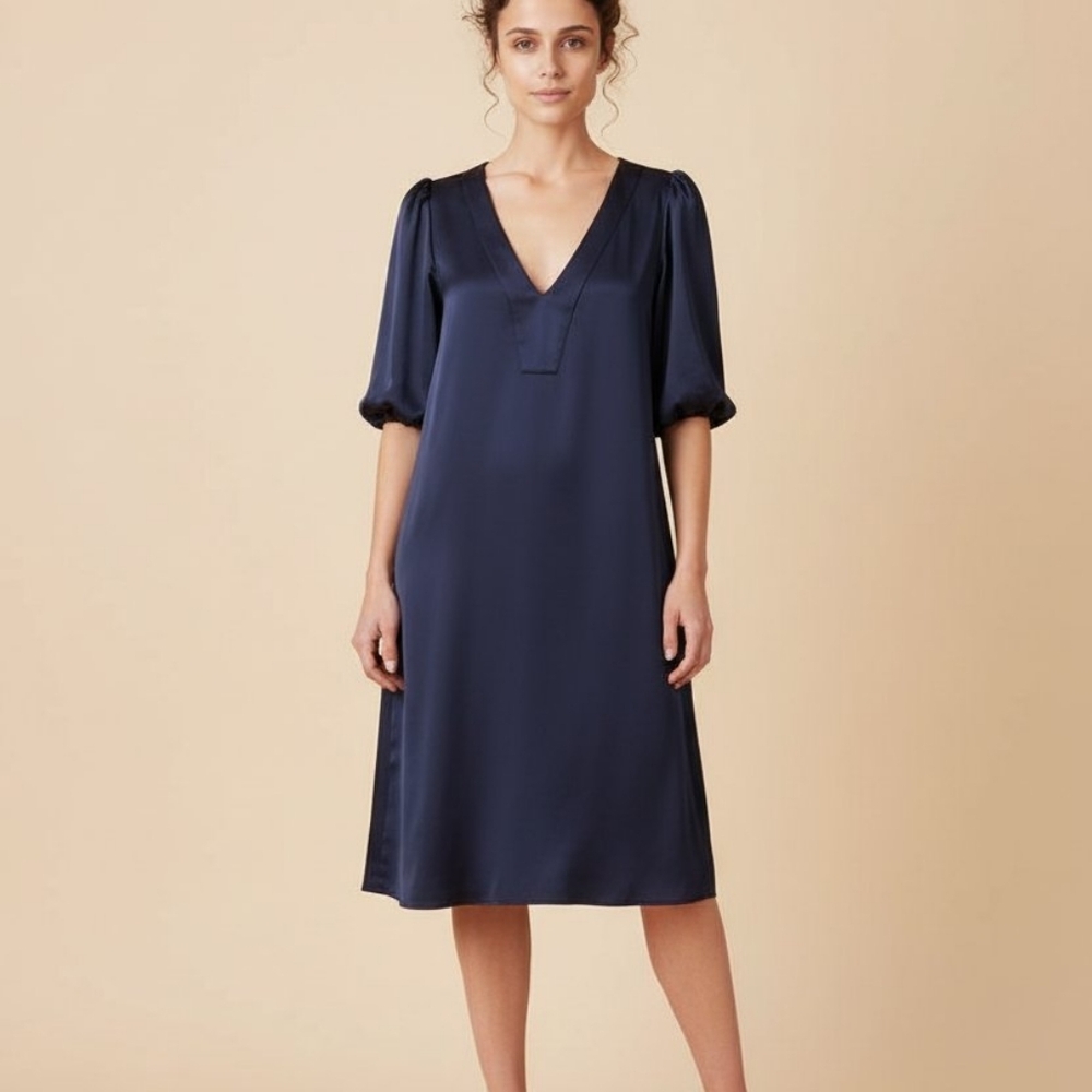 Cynthia Rowley Midnight Navy Satin V-Neck Puff Sleeve Midi Dress